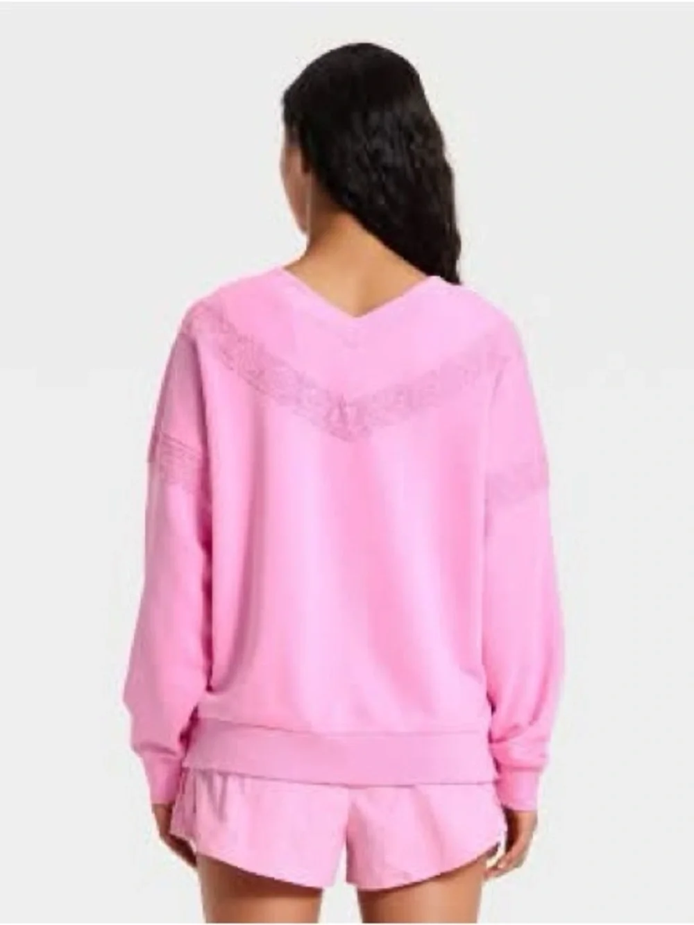 NWT Joy Lab Pink Oversized V Neck Crochet Trim Pullover Sweatshirt Women’s XL